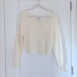 Cream Cropped V-Neck Sweater